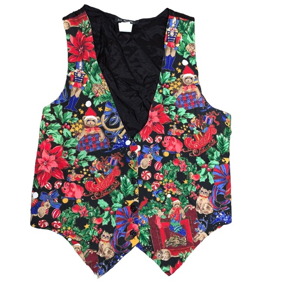 Vintage 111 Main Christmas Vest Medium Festive Holiday Print Waistcoat - Picture 8 of 14